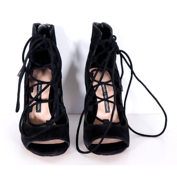 French Connection Women Size 6.5 Black Nari Pumos Lace-Up Zipper Suede Heels NEW - Picture 1 of 6